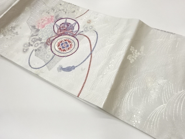 JAPANESE NAGOYA OBI / PLATINUM FOIL / WOVEN FLOWERS